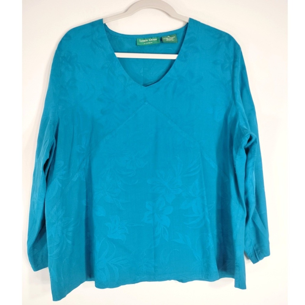 Lemon Grass Teal Silk Blend Blouse; Floral Jacquard V-Neck Long Sleeve Top